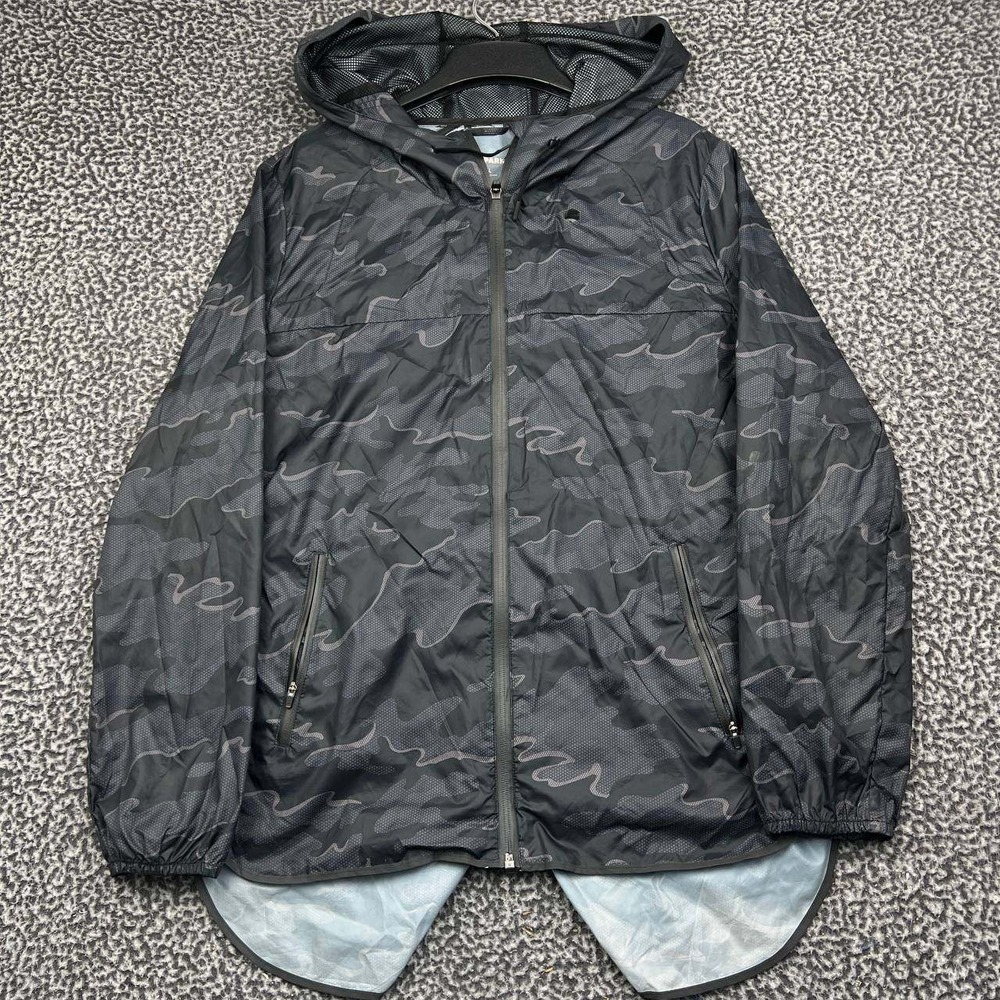 Ivy Park Windbreaker Jacket Women XL Black Grey Camo Hooded Full Zip Long Sleeve